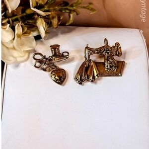 Gold‎ Tone Sewing Themed Brooches-Vintage
